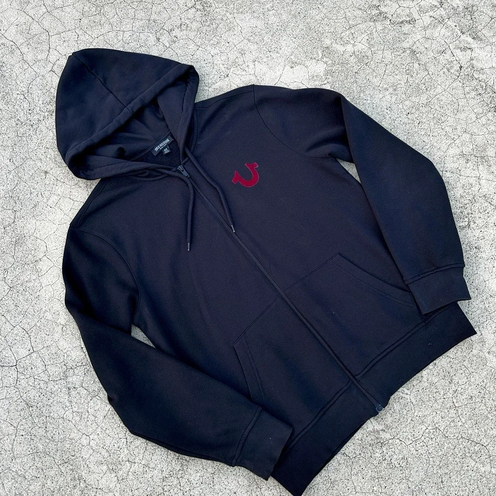 True Religion Hoodie Mens Size M Black Full Zip Horseshoe Logo Sweatshirt Casual